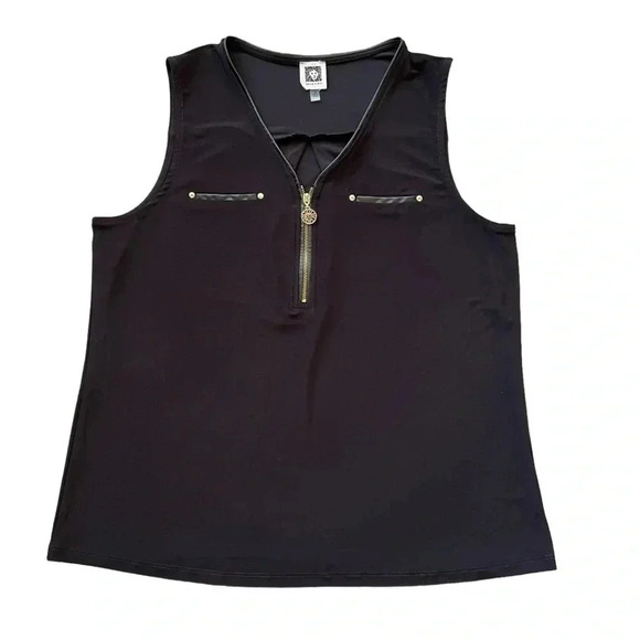 Anne Klein Black and Gold Half Zip V Neck Tank Top with Faux Leather Trim Medium - Picture 1 of 8